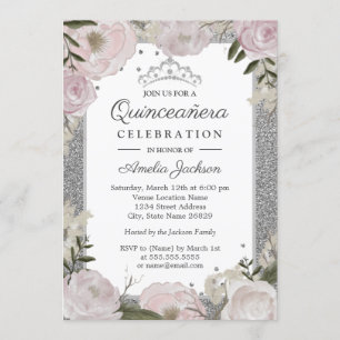 Invitación Quinceanera Cumpleaños Sparkle Plata Rosa Floral