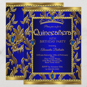 Invitación Quinceañera Cumpleaños Tiara Azul Real Joya Dorada