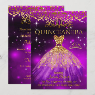Invitación Quinceañera Cumpleaños Tiara Magenta Purpura Dorad