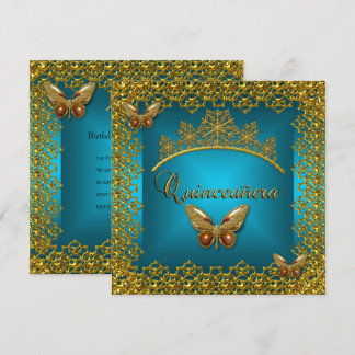 Invitación Quinceañera Cumpleaños Tiara Mariposa Teal Dorado
