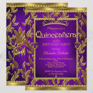 Invitación Quinceañera Cumpleaños Tiara Morado Azul Dorado