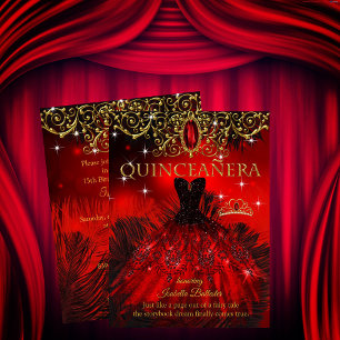 Invitación Quinceañera Cumpleaños Tiara Plumas Rojas Negras D