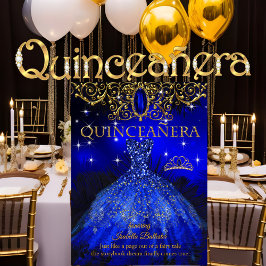 Invitación Quinceañera Cumpleaños Tiara Real Azul Pluma Dorad