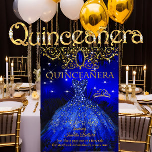 Invitación Quinceañera Cumpleaños Tiara Real Azul Pluma Dorad