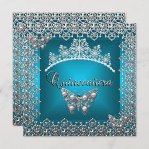 Invitación Quinceanera Cumpleaños Verde azulada Plata Tiara M