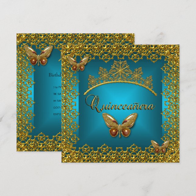 Invitación Quinceanera Cumpleaños Verde azulado Oro Tiara Mar (Anverso / Reverso)