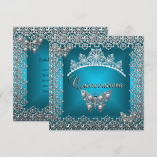 Invitación Quinceañera Cumpleaños Verde Teal Plata Tiara Mari