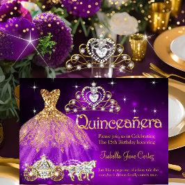 Invitación Quinceanera Cumpleaños Vestido púrpura Tiara Carri