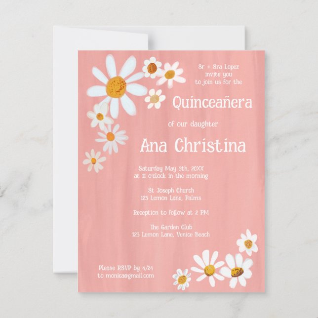 Invitación Quinceañera Cute Daisy Bouquet Personalizado pinta (Reverso)