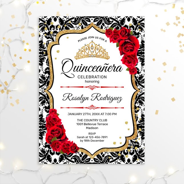 Invitación Quinceanera - Damask Red Gold (Subido por el creador)