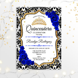 Invitación Quinceanera - Damask Royal Blue Gold