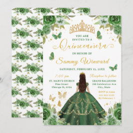 Invitación Quinceañera Dark Green Princess Brunette Girl