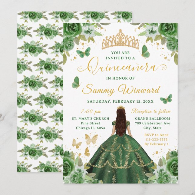 Invitación Quinceañera Dark Green Princess Brunette Girl (Anverso / Reverso)