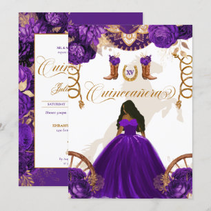 Invitación Quinceanera de 2 caras de color morado dorado occi