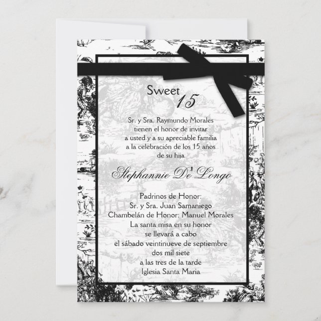 Invitación Quinceanera de 5x7 Black ToileFabric (Anverso)