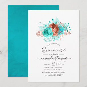 Invitación Quinceañera de acuarela turquesa y coral
