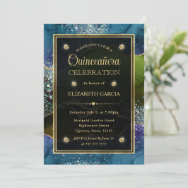 Invitación Quinceañera de Agata Brillante Azul, Verde y Dorad