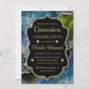 Invitación Quinceañera de Agata Brillante Azul, Verde y Dorad