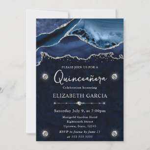 Invitación Quinceañera de ágata con brillo azul y plateado