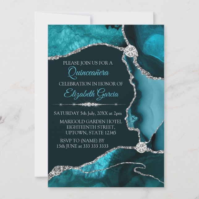 Invitación Quinceañera de ágata con brillo teal y plata (Anverso)