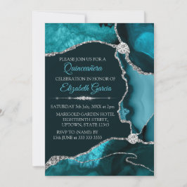 Invitación Quinceañera de ágata con brillo teal y plata