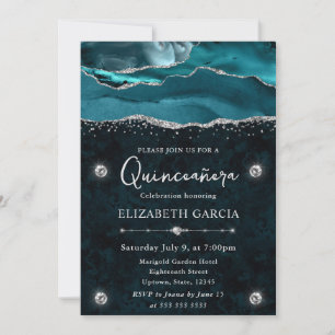 Invitación Quinceañera de ágata con brillo teal y plata