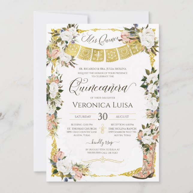 Invitación Quinceanera de arranque floral de charro blanco de (Anverso)