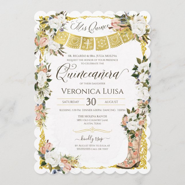 Invitación Quinceanera de arranque floral de charro blanco de (Anverso)