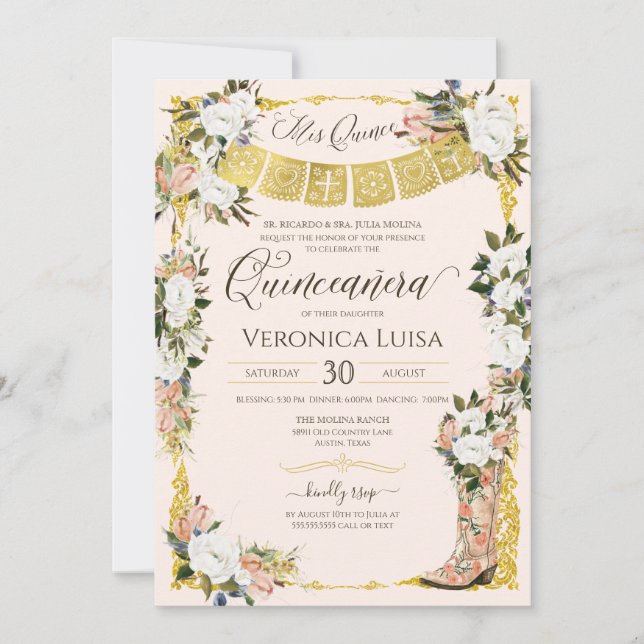 Invitación Quinceanera de arranque floral de charro de oro bl (Anverso)
