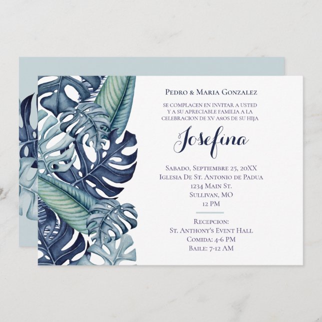 Invitación Quinceañera de Borde de Follaje Tropical Azul (Anverso / Reverso)