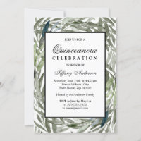 Invitación Quinceanera de borde de hoja verde de c