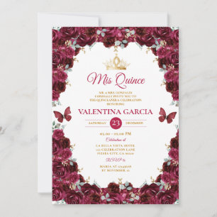 Invitación Quinceañera de Borgoña 15 Años Flores Corona Dorad