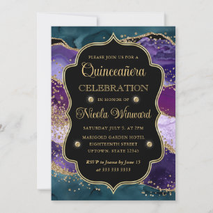 Invitación Quinceañera de brillo de ágata azul verdoso, púrpu