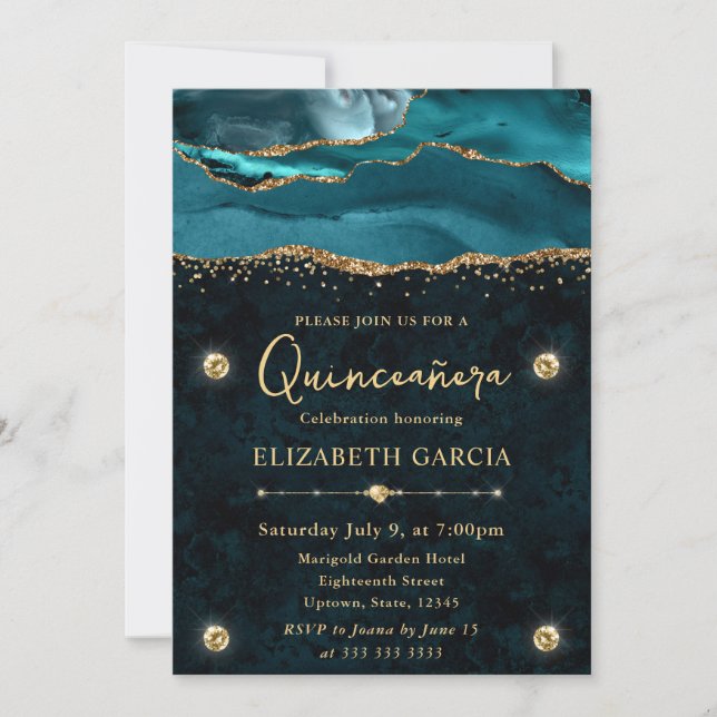 Invitación Quinceañera de brillo teal y dorado (Anverso)