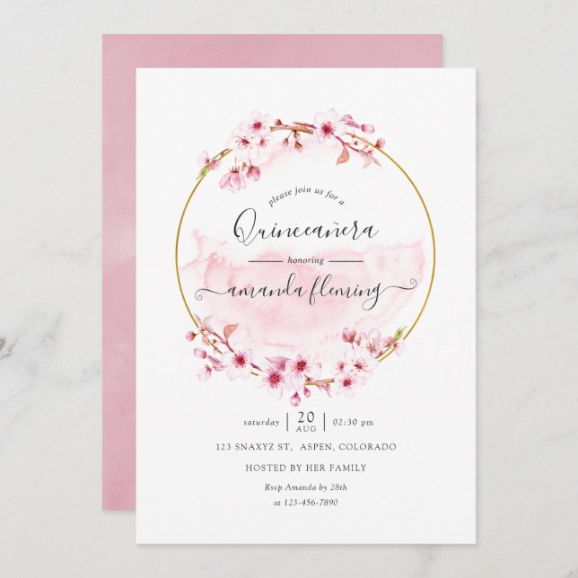 Invitación Quinceañera de cerezo de primavera rosada geométri (Anverso / Reverso)
