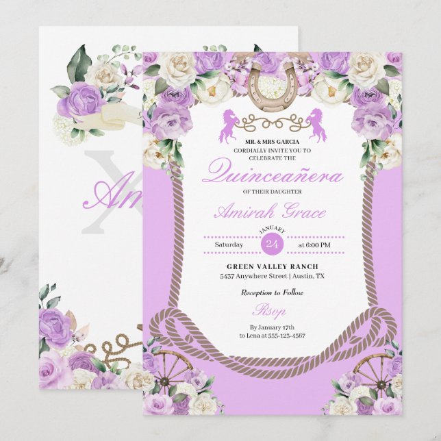 Invitación Quinceañera de Charro Púrpura Occidental (Anverso / Reverso)