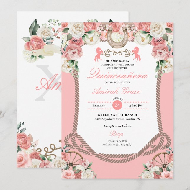 Invitación Quinceañera de Charro Rosa Occidental (Anverso / Reverso)