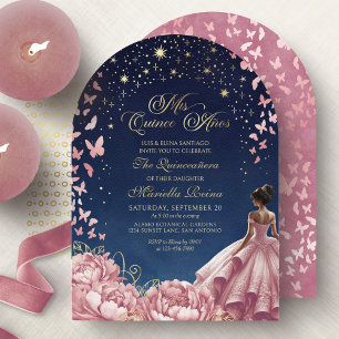 Invitación Quinceañera de Cielo Rosa Rubor Mariposas
