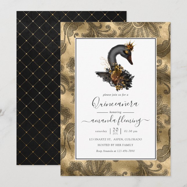 Invitación Quinceañera de cisne negro (Anverso / Reverso)
