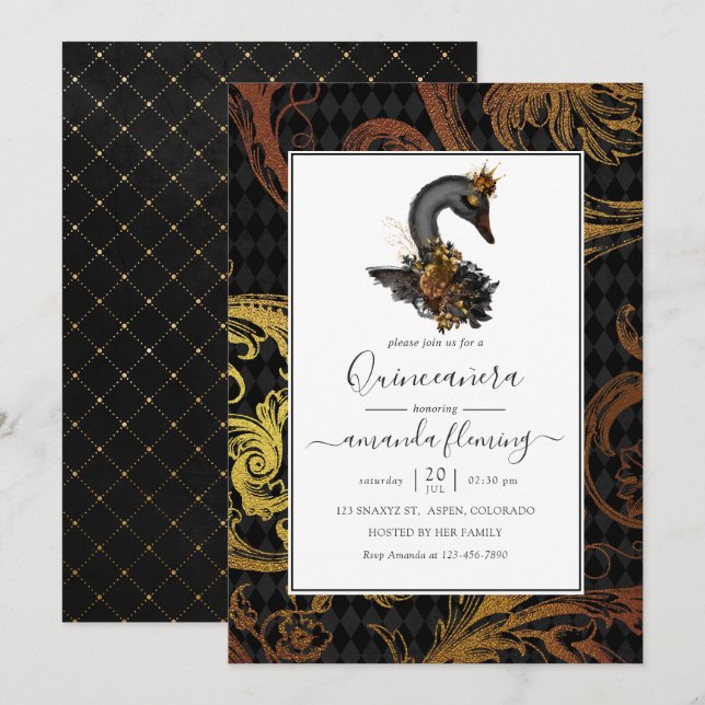 Invitación Quinceañera de cisne negro (Anverso / Reverso)