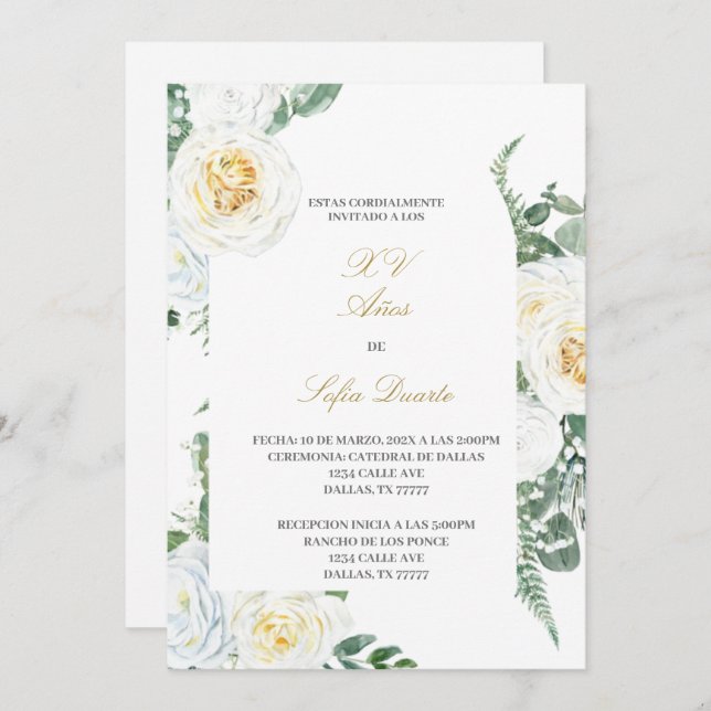 Invitación Quinceanera de color agua en español (Anverso / Reverso)