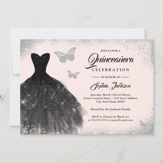 Invitación Quinceanera de color negro plateado Rubor Vestido  (Anverso)