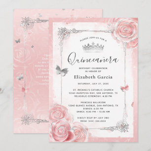 Invitación Quinceanera de color rosa de Rubor plateado