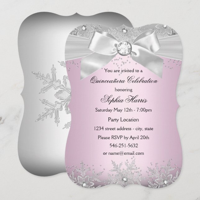 Invitación Quinceanera de copo de nieve de yema de plata rosa (Anverso / Reverso)