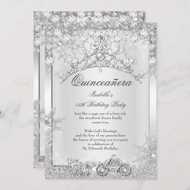 Invitación Quinceanera de cristal plateado 15.ª portadora de  (Anverso / Reverso)