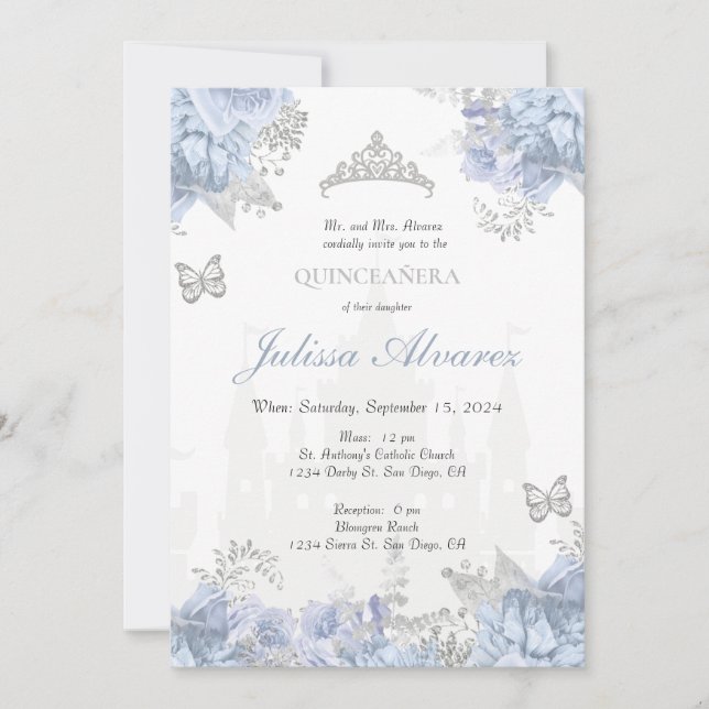 Invitación Quinceanera de cuento azul claro (Anverso)