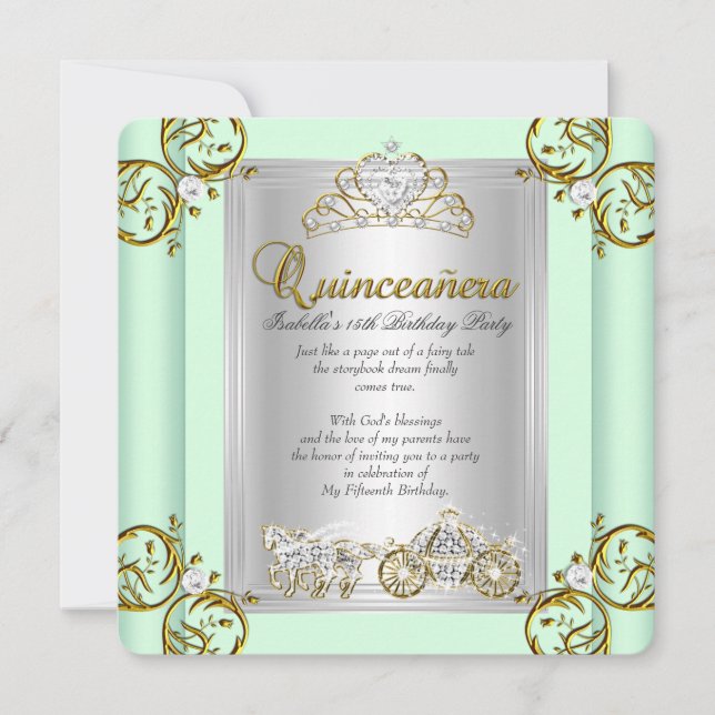 Invitación Quinceañera de Cuento de Hadas Cumpleaños 15 Verde (Anverso)