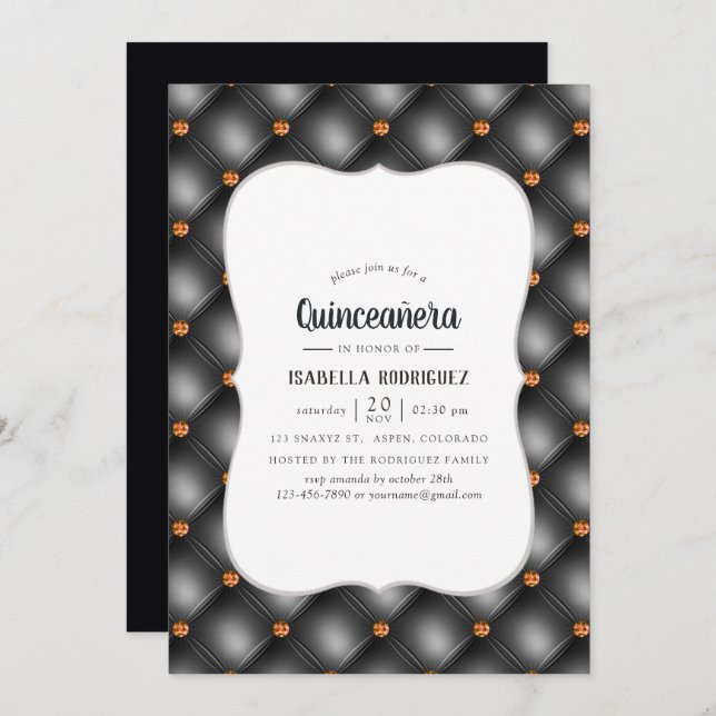 Invitación Quinceañera de cuero negro y Naranja (Anverso / Reverso)