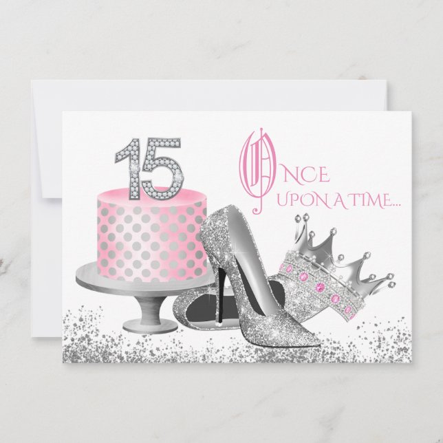 Invitación Quinceañera de cumpleaños con decoración rosa y pl (Anverso)