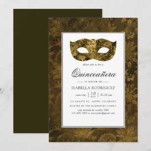 Invitación Quinceañera de Damasco de Máscara de Oro Antiguo